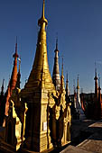 Inle Lake Myanmar. Indein, on the summit of a hill the  Shwe Inn Thein Paya a cluster of hundreds of ancient stupas. Many of them are ruined and overgrown with bushes.